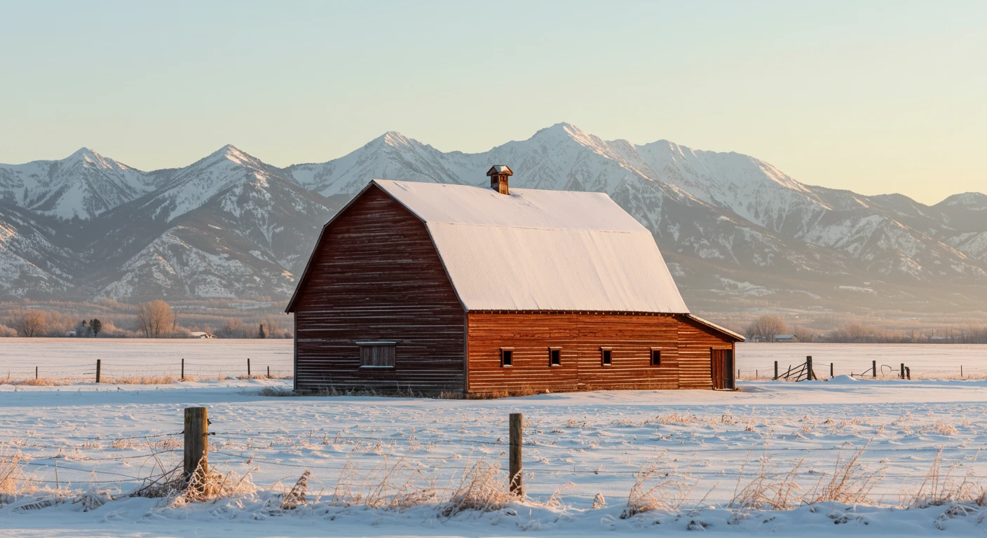 Sunrise over a snow-covered residential driveway in Bozeman, Montana, with mountains in the background.