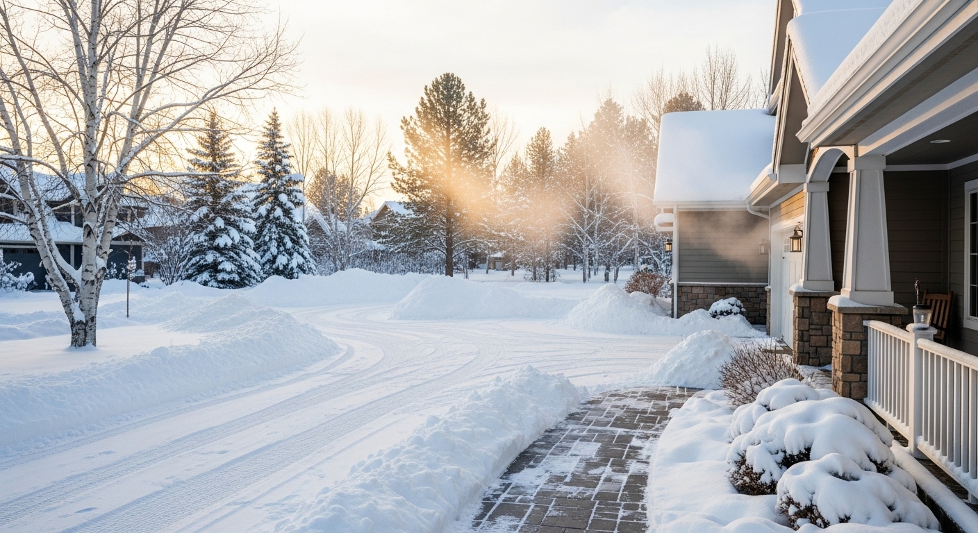 A perfectly cleared residential driveway in Bozeman at dawn, with untouched snow surrounding the home, conveying a peaceful, stress-free winter morning.