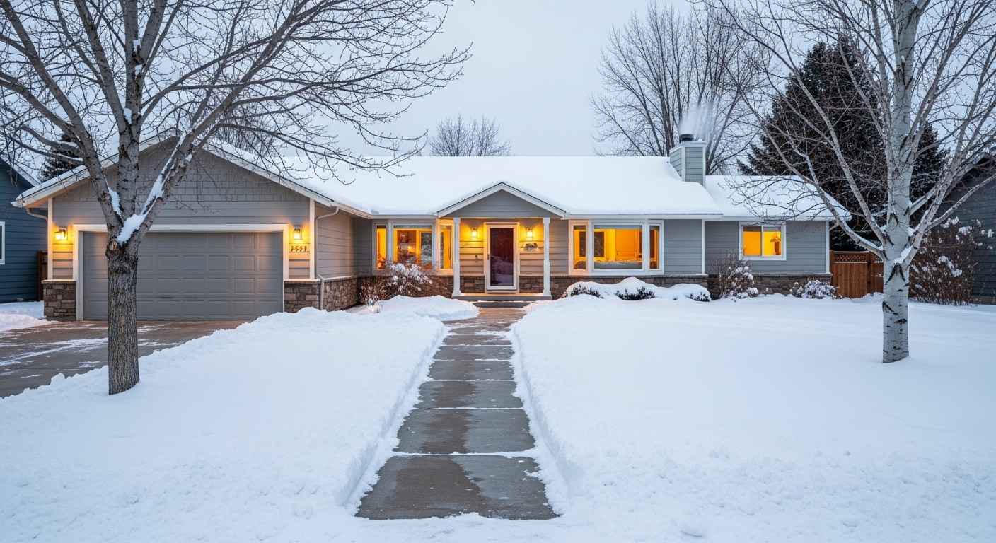 An inviting Bozeman home in winter with a perfectly cleared driveway and path, conveying comfort and stress-free living thanks to professional snow removal.