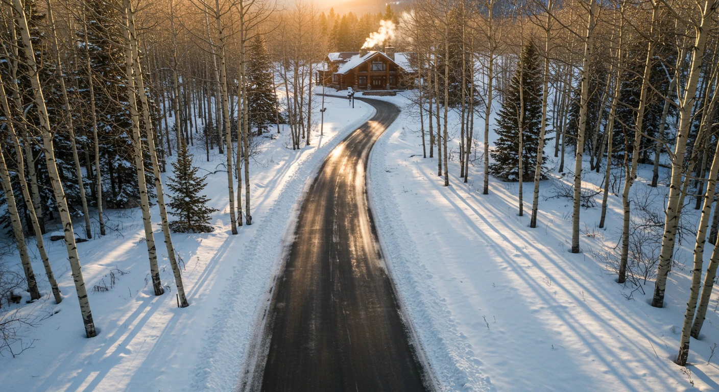 A high-angle drone view of a perfectly cleared winding driveway through a snowy forest in Bozeman, leading to a home.